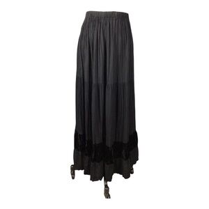 Vtg. Lucia Lukken Broomskirt Black Tiered Maxi Skirt Velvet Trim Small Festival
